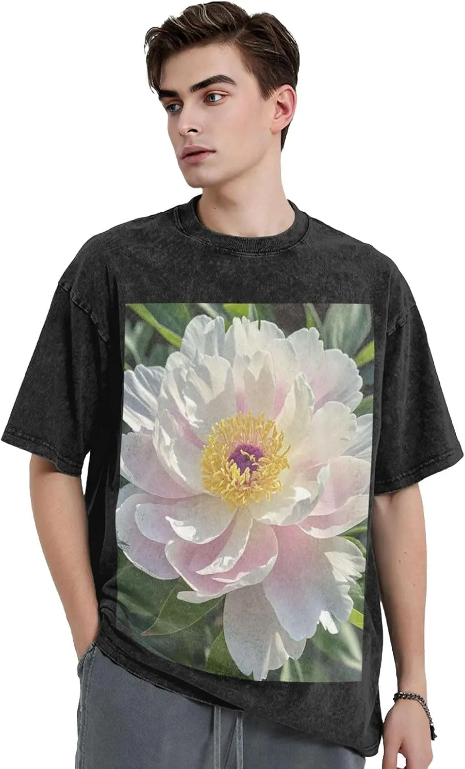 Men's Cotton T-Shirts Beautiful Peony Flower Short Sleeve Vintage T Shirts Casual Loose Fit Retro Tees Tops
