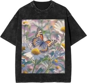 Men's Cotton T-Shirts Color Butterfly Flower Short Sleeve Vintage T Shirts Casual Loose Fit Retro Tees Tops
