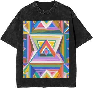 Men's Cotton T-Shirts Colorful Triangle Short Sleeve Vintage T Shirts Casual Loose Fit Retro Tees Tops