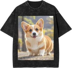 Men's Cotton T-Shirts Cute Corgi Dog Short Sleeve Vintage T Shirts Casual Loose Fit Retro Tees Tops