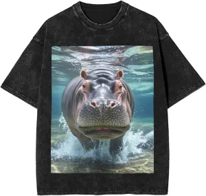 Men's Cotton T-Shirts Diving Hippo Short Sleeve Vintage T Shirts Casual Loose Fit Retro Tees Tops