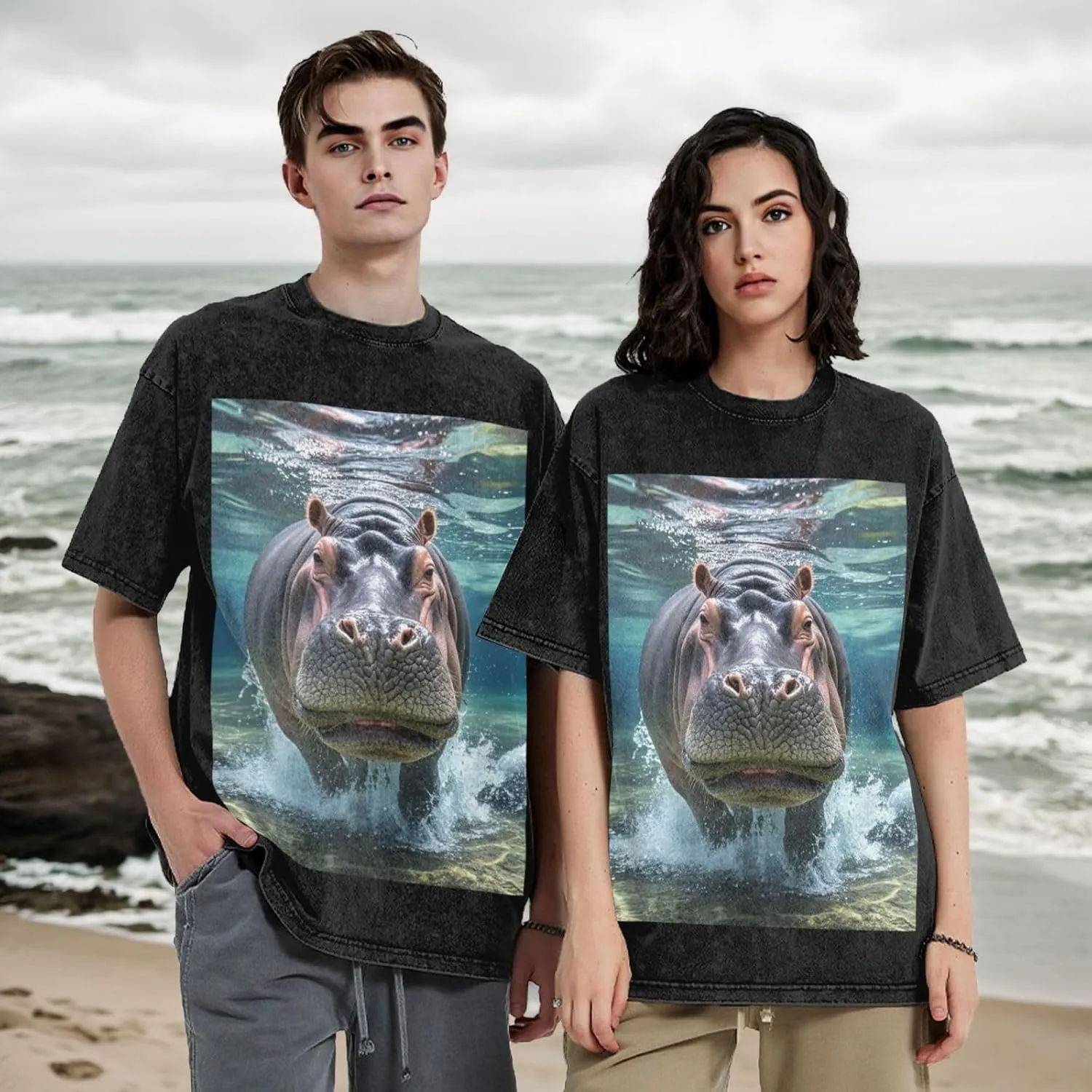 Men's Cotton T-Shirts Diving Hippo Short Sleeve Vintage T Shirts Casual Loose Fit Retro Tees Tops