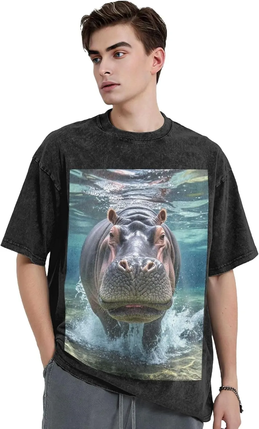 Men's Cotton T-Shirts Diving Hippo Short Sleeve Vintage T Shirts Casual Loose Fit Retro Tees Tops