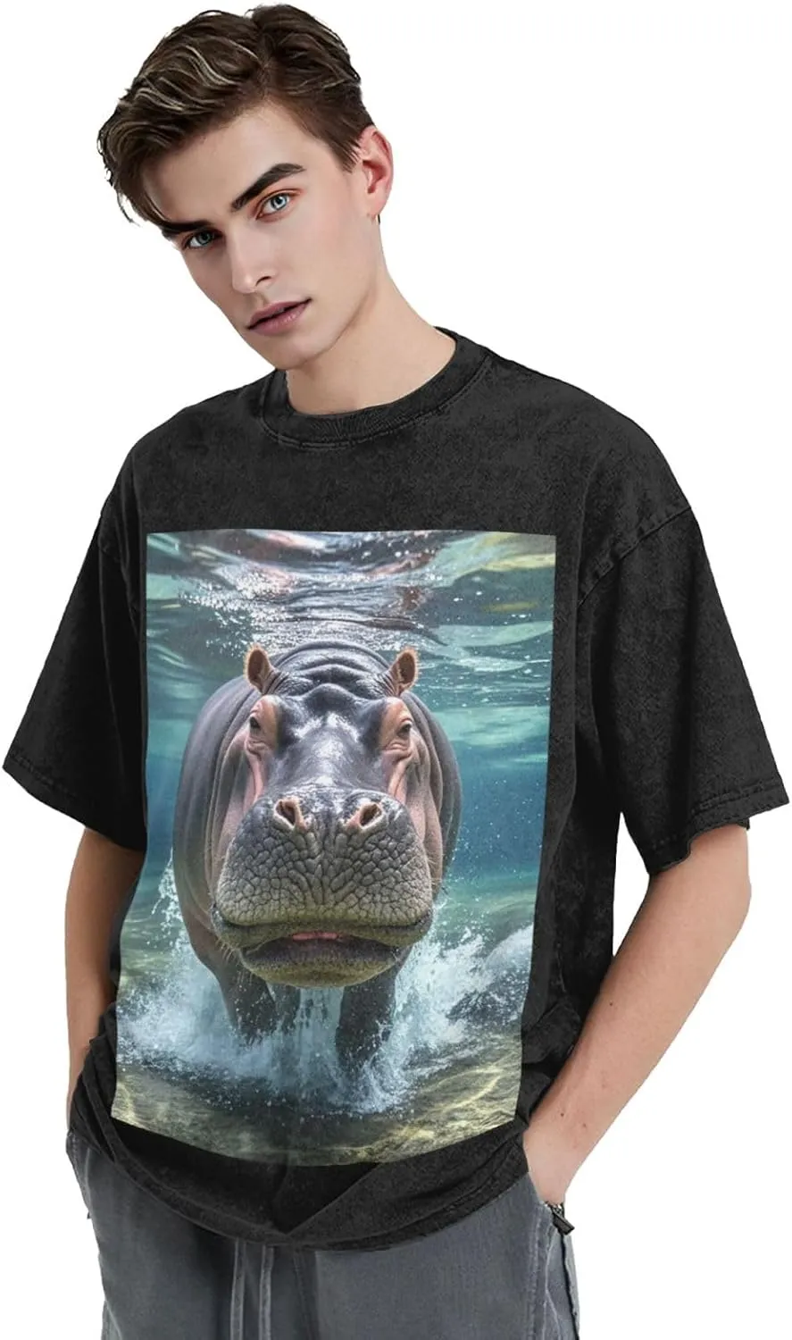 Men's Cotton T-Shirts Diving Hippo Short Sleeve Vintage T Shirts Casual Loose Fit Retro Tees Tops