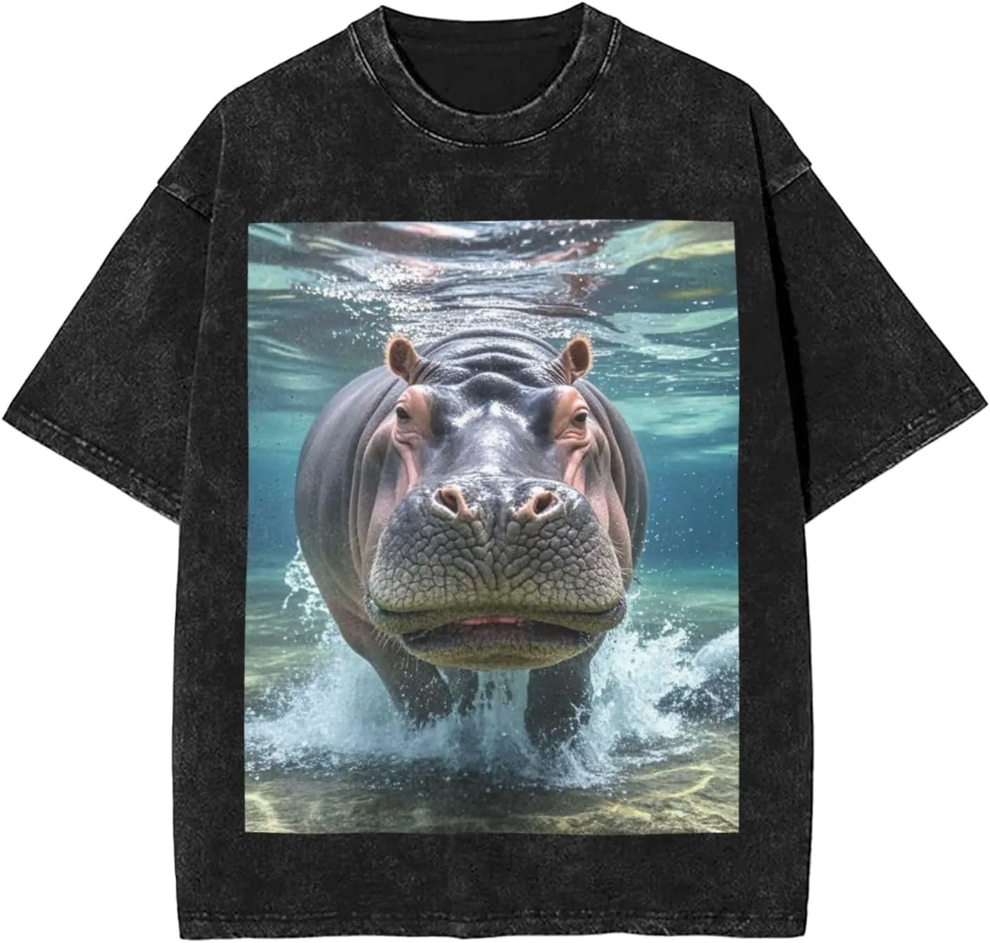 Men's Cotton T-Shirts Diving Hippo Short Sleeve Vintage T Shirts Casual Loose Fit Retro Tees Tops