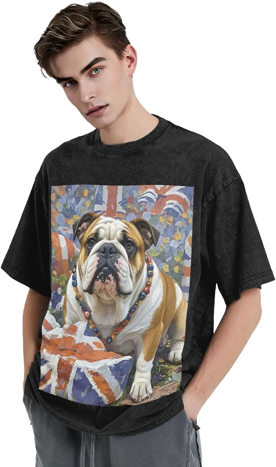 Men's Cotton T-Shirts English-Bulldog Short Sleeve Vintage T Shirts Casual Loose Fit Retro Tees Tops