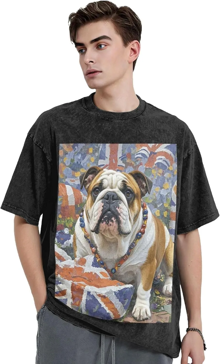 Men's Cotton T-Shirts English-Bulldog Short Sleeve Vintage T Shirts Casual Loose Fit Retro Tees Tops