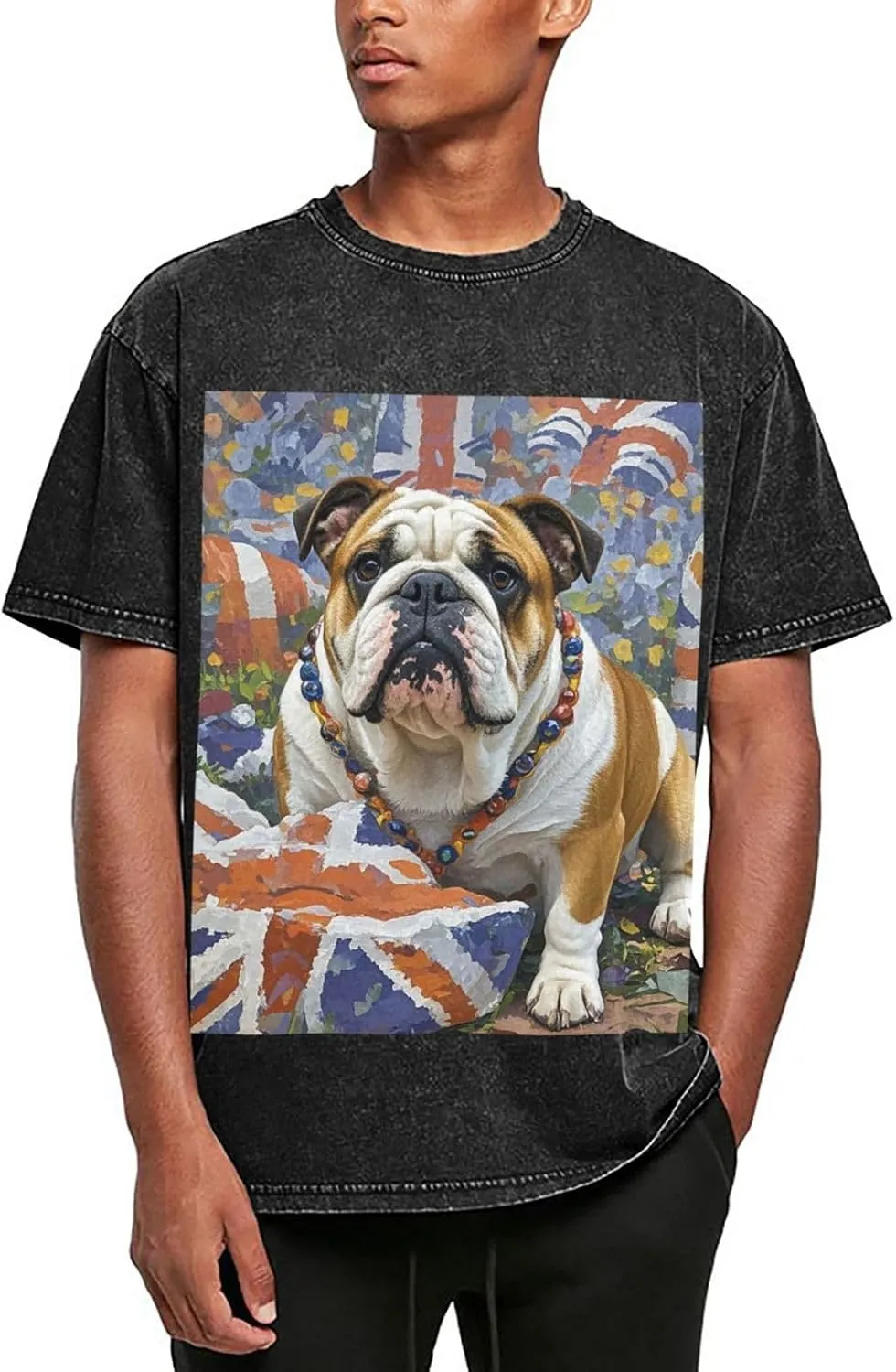 Men's Cotton T-Shirts English-Bulldog Short Sleeve Vintage T Shirts Casual Loose Fit Retro Tees Tops