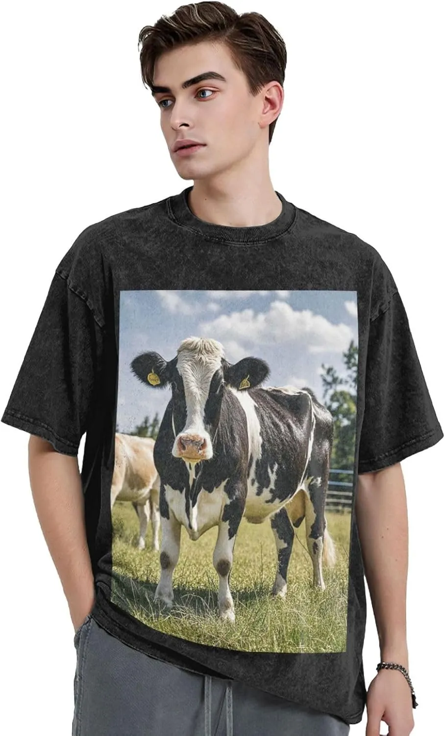 Men's Cotton T-Shirts Farm Animal Cow Short Sleeve Vintage T Shirts Casual Loose Fit Retro Tees Tops