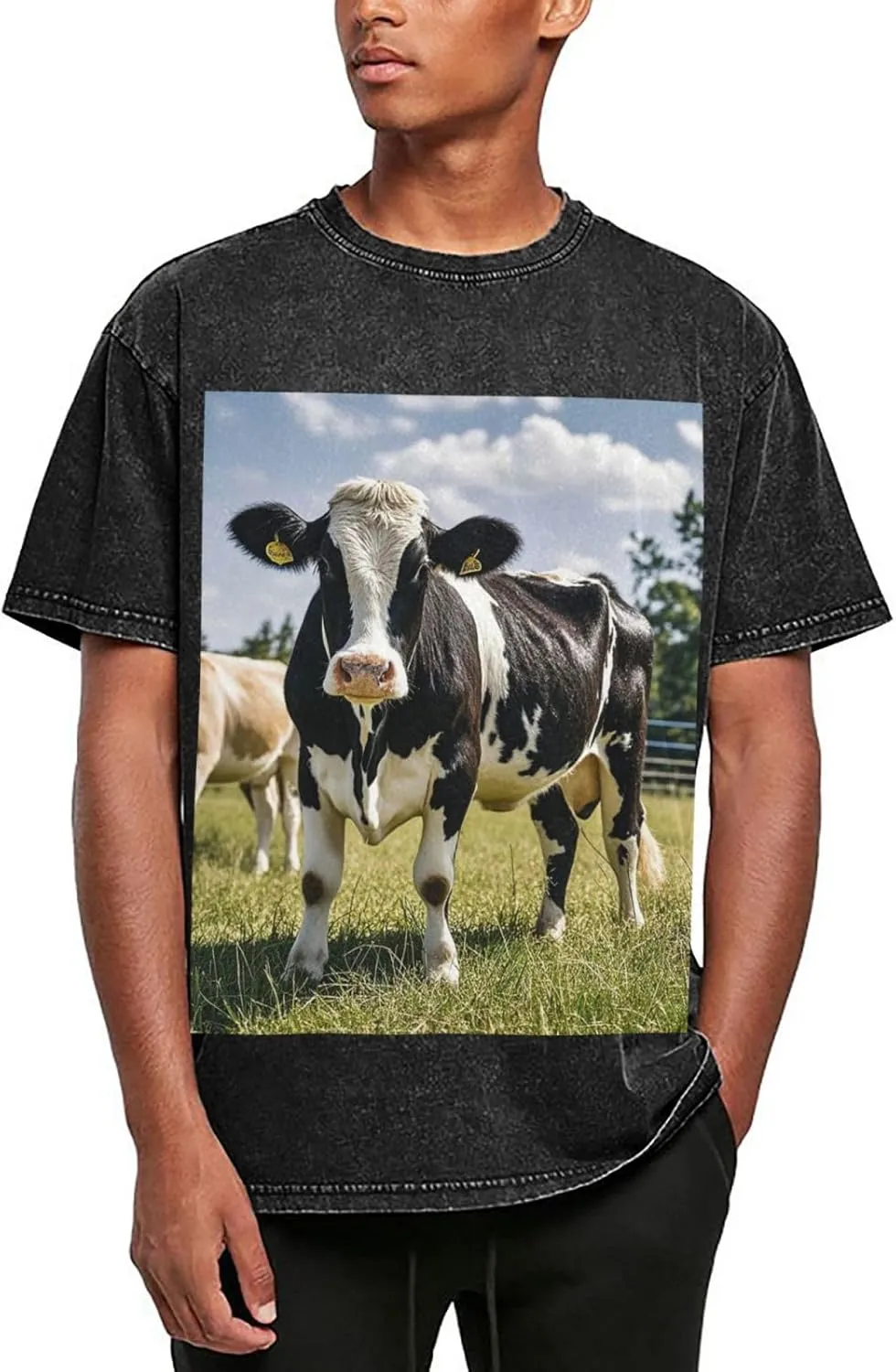 Men's Cotton T-Shirts Farm Animal Cow Short Sleeve Vintage T Shirts Casual Loose Fit Retro Tees Tops