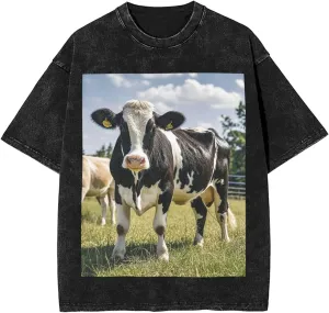 Men's Cotton T-Shirts Farm Animal Cow Short Sleeve Vintage T Shirts Casual Loose Fit Retro Tees Tops