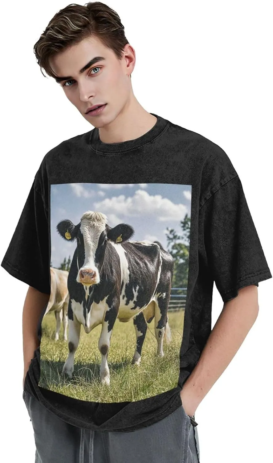 Men's Cotton T-Shirts Farm Animal Cow Short Sleeve Vintage T Shirts Casual Loose Fit Retro Tees Tops
