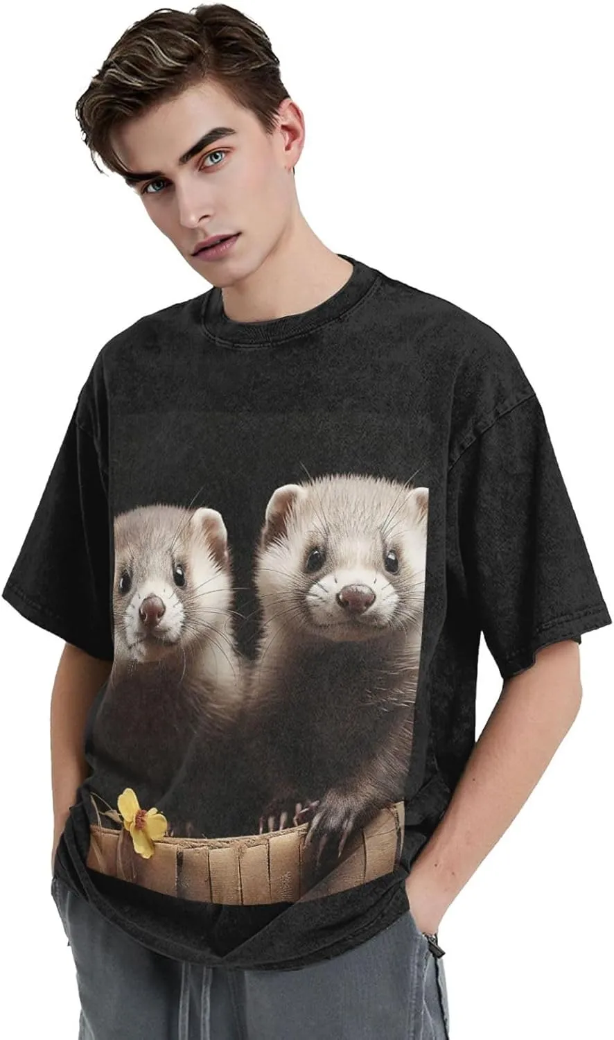 Men's Cotton T-Shirts Ferrets Short Sleeve Vintage T Shirts Casual Loose Fit Retro Tees Tops