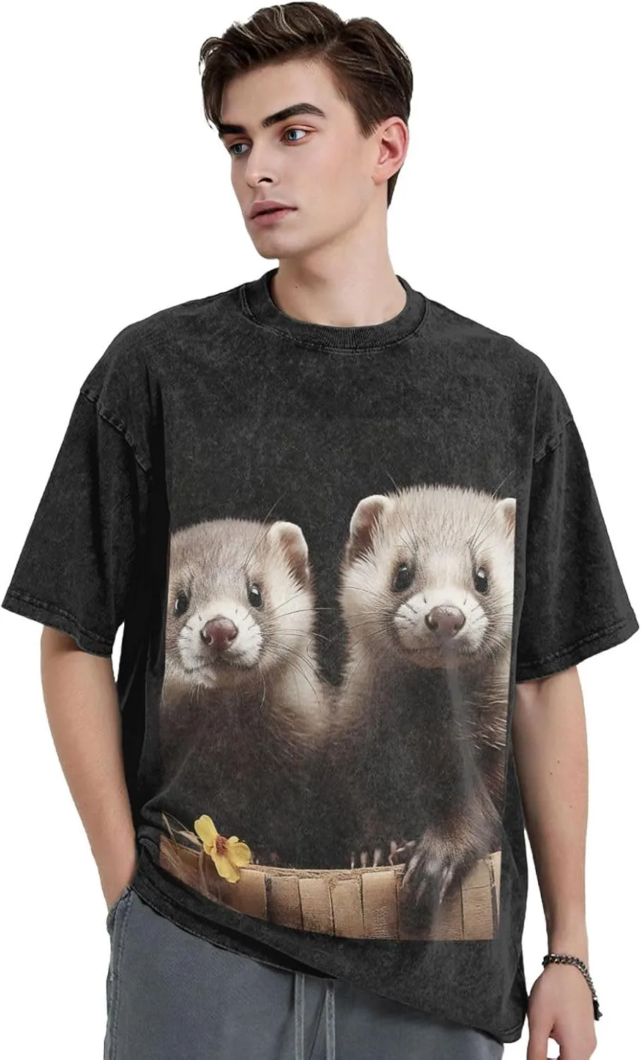 Men's Cotton T-Shirts Ferrets Short Sleeve Vintage T Shirts Casual Loose Fit Retro Tees Tops