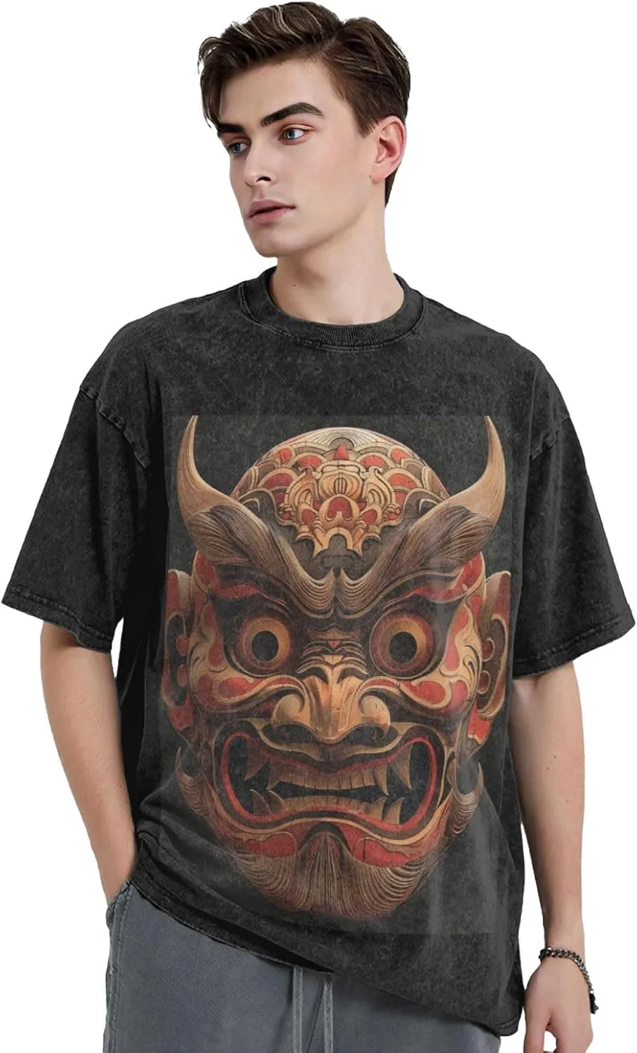 Men's Cotton T-Shirts Mask Style Pictures Short Sleeve Vintage T Shirts Casual Loose Fit Retro Tees Tops