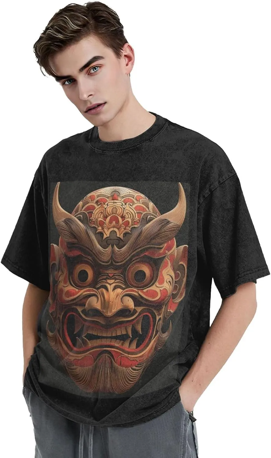 Men's Cotton T-Shirts Mask Style Pictures Short Sleeve Vintage T Shirts Casual Loose Fit Retro Tees Tops