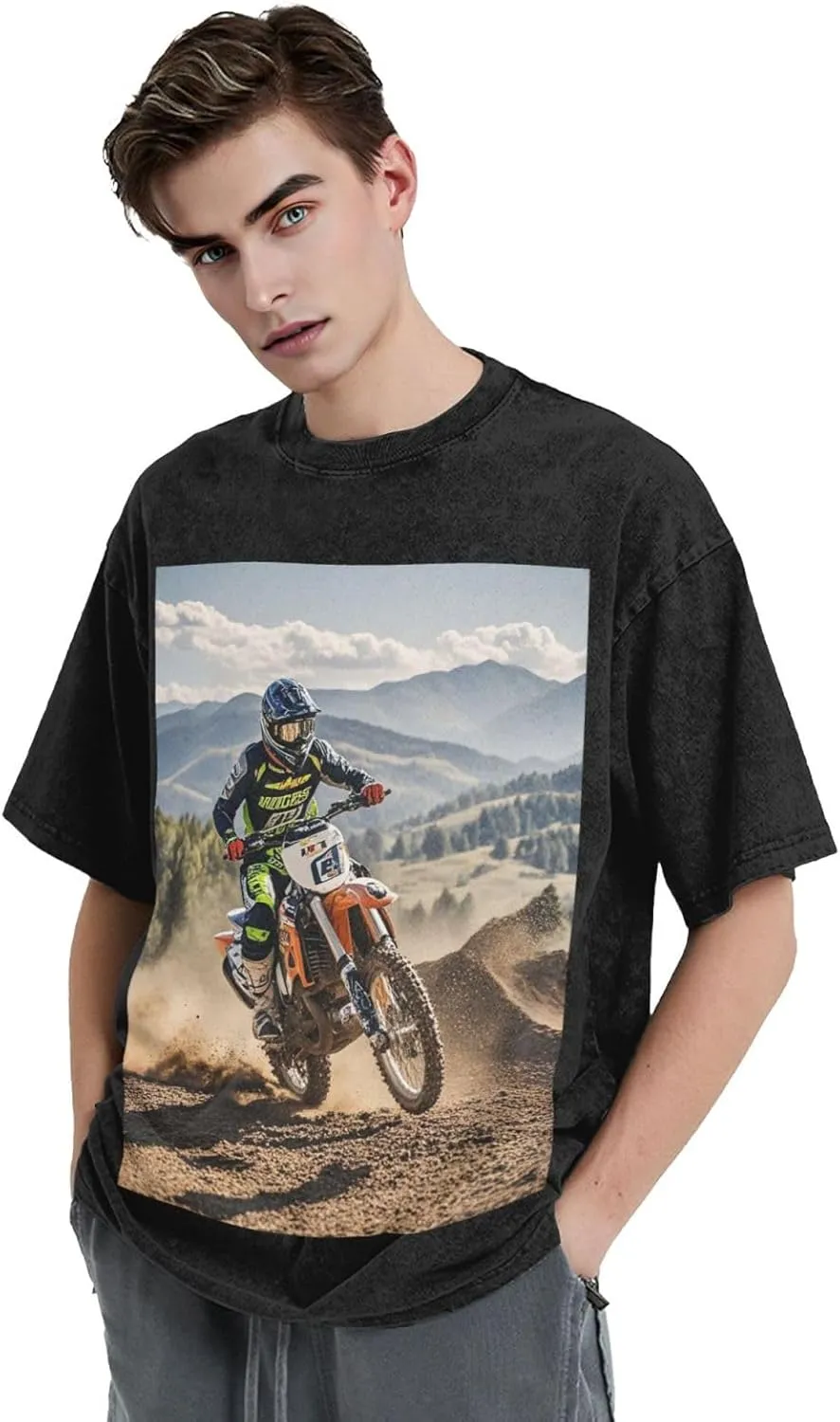 Men's Cotton T-Shirts Motocross Short Sleeve Vintage T Shirts Casual Loose Fit Retro Tees Tops