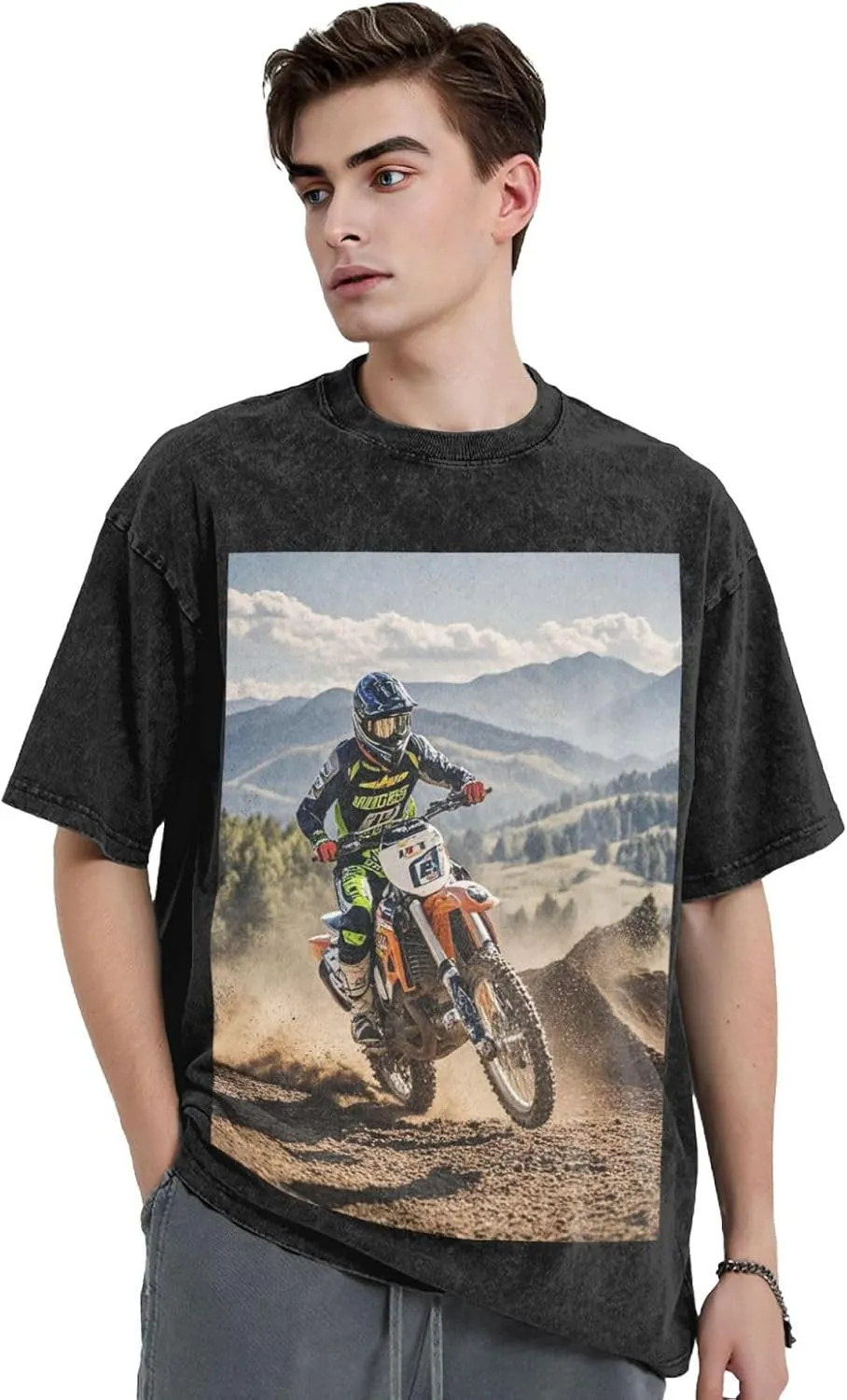 Men's Cotton T-Shirts Motocross Short Sleeve Vintage T Shirts Casual Loose Fit Retro Tees Tops