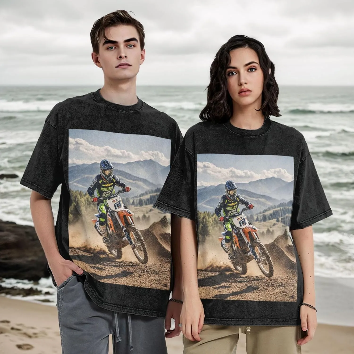 Men's Cotton T-Shirts Motocross Short Sleeve Vintage T Shirts Casual Loose Fit Retro Tees Tops