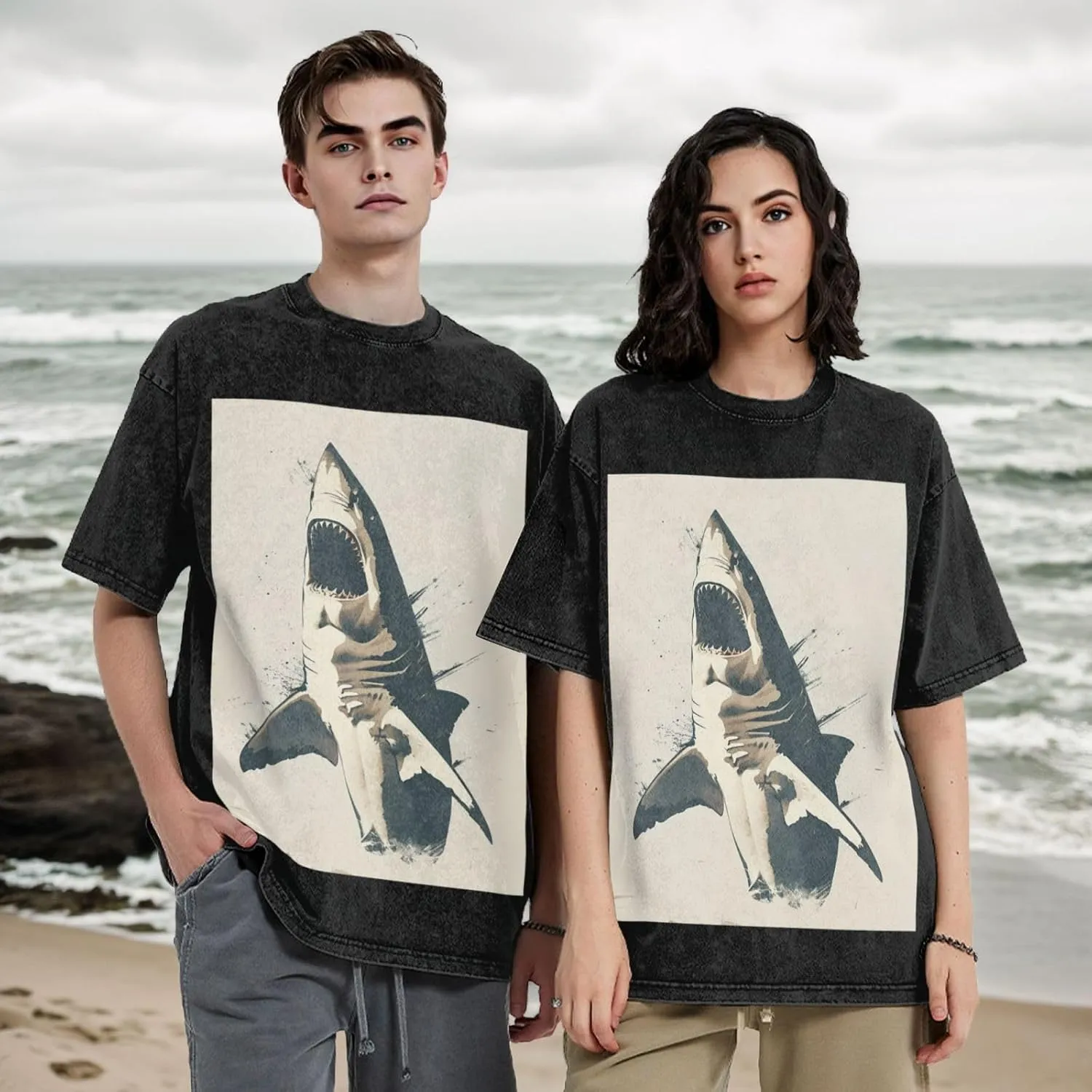 Men's Cotton T-Shirts Open Mouth Shark Short Sleeve Vintage T Shirts Casual Loose Fit Retro Tees Tops
