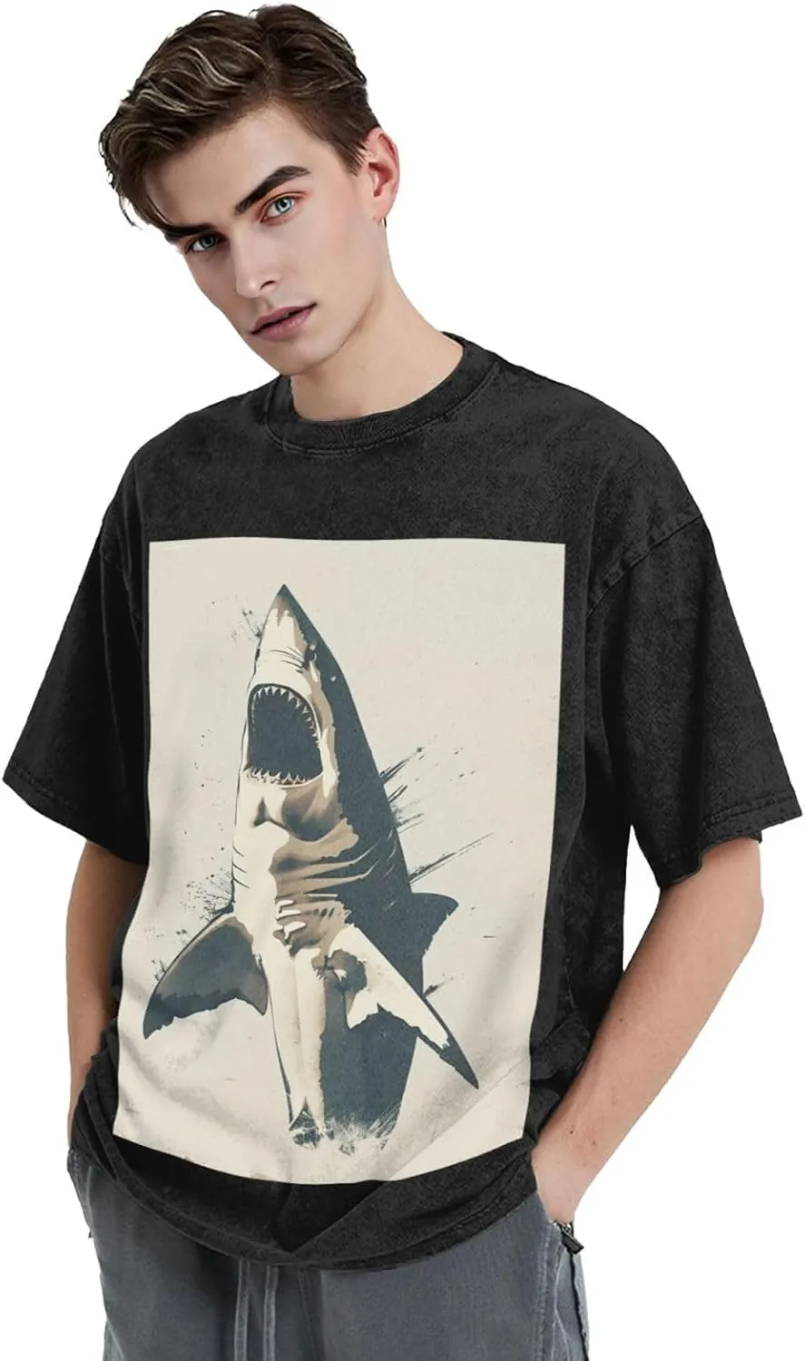 Men's Cotton T-Shirts Open Mouth Shark Short Sleeve Vintage T Shirts Casual Loose Fit Retro Tees Tops