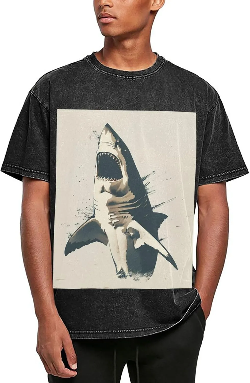 Men's Cotton T-Shirts Open Mouth Shark Short Sleeve Vintage T Shirts Casual Loose Fit Retro Tees Tops