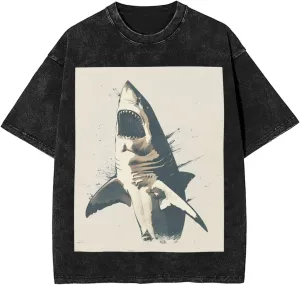 Men's Cotton T-Shirts Open Mouth Shark Short Sleeve Vintage T Shirts Casual Loose Fit Retro Tees Tops