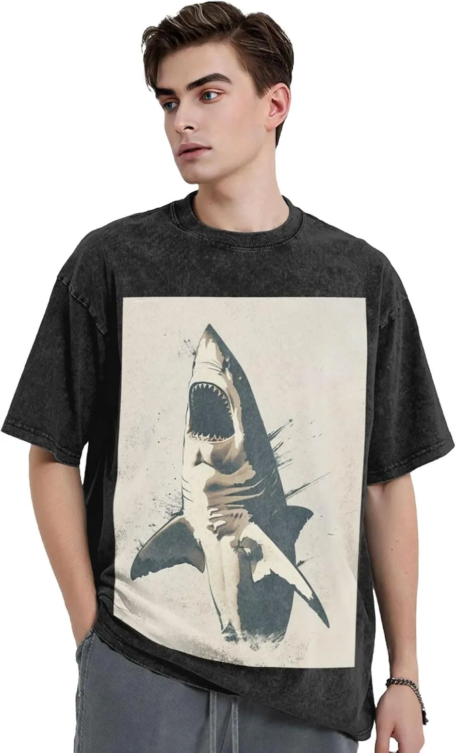 Men's Cotton T-Shirts Open Mouth Shark Short Sleeve Vintage T Shirts Casual Loose Fit Retro Tees Tops