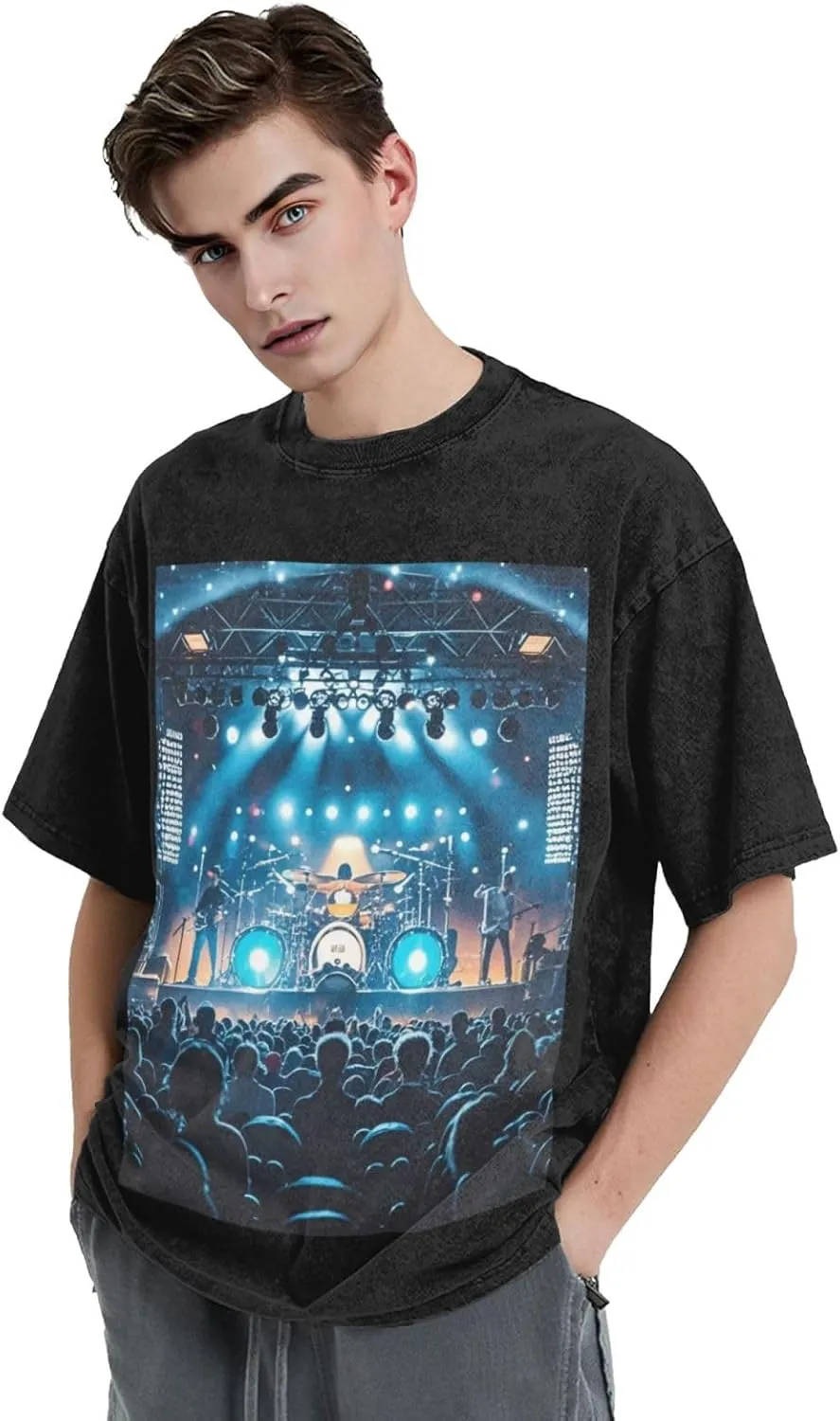 Men's Cotton T-Shirts Rock Concert Stage Short Sleeve Vintage T Shirts Casual Loose Fit Retro Tees Tops