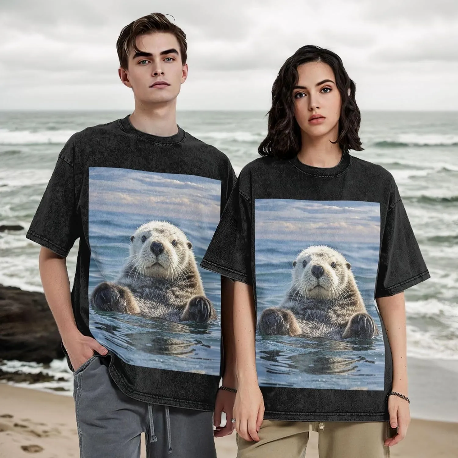 Men's Cotton T-Shirts Sea Otter Short Sleeve Vintage T Shirts Casual Loose Fit Retro Tees Tops