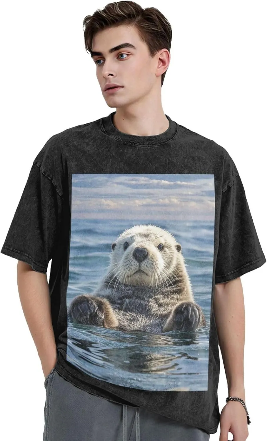 Men's Cotton T-Shirts Sea Otter Short Sleeve Vintage T Shirts Casual Loose Fit Retro Tees Tops