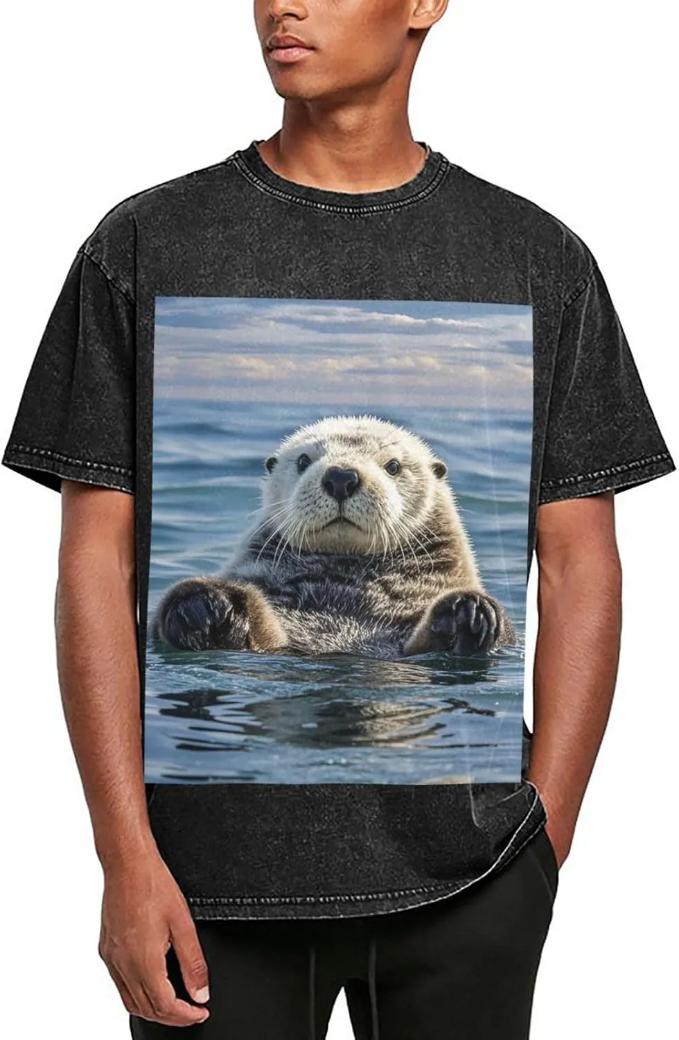 Men's Cotton T-Shirts Sea Otter Short Sleeve Vintage T Shirts Casual Loose Fit Retro Tees Tops