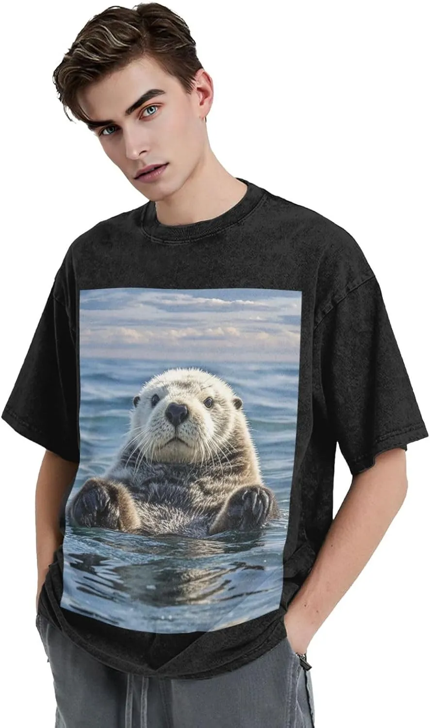 Men's Cotton T-Shirts Sea Otter Short Sleeve Vintage T Shirts Casual Loose Fit Retro Tees Tops