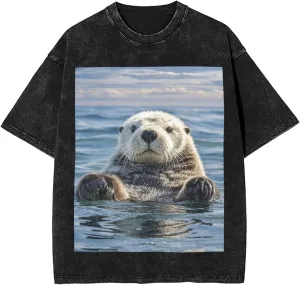Men's Cotton T-Shirts Sea Otter Short Sleeve Vintage T Shirts Casual Loose Fit Retro Tees Tops