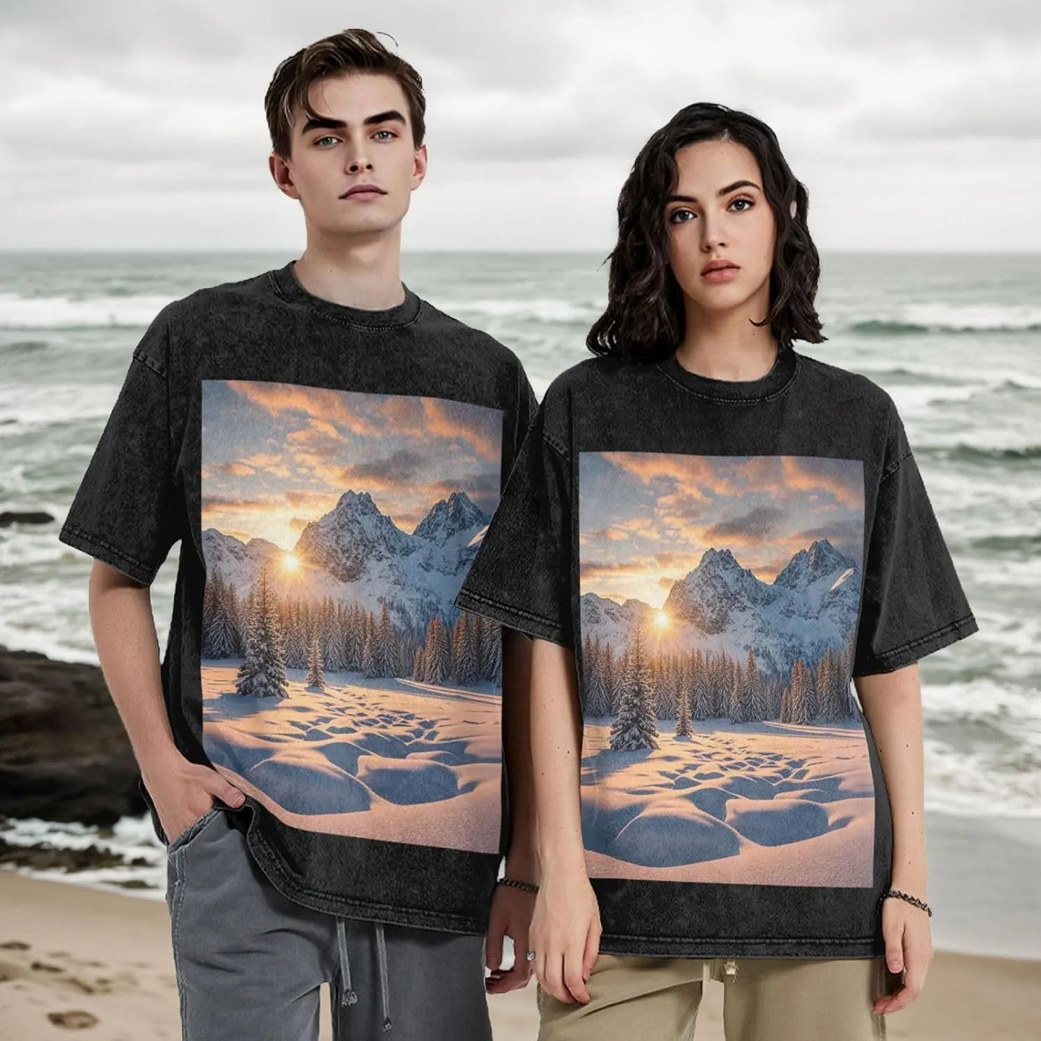 Men's Cotton T-Shirts Sunset Winter Mountains Short Sleeve Vintage T Shirts Casual Loose Fit Retro Tees Tops