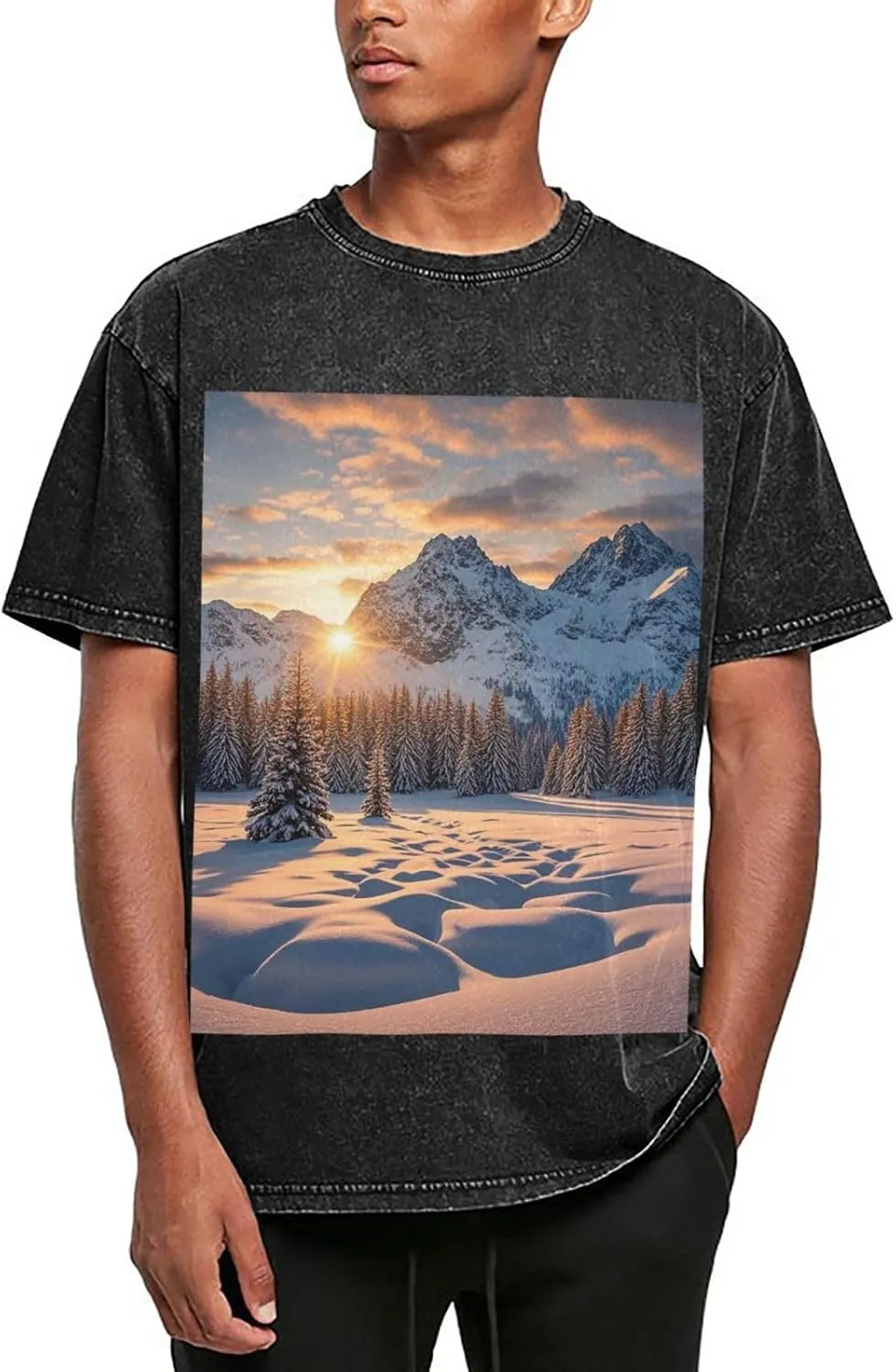 Men's Cotton T-Shirts Sunset Winter Mountains Short Sleeve Vintage T Shirts Casual Loose Fit Retro Tees Tops