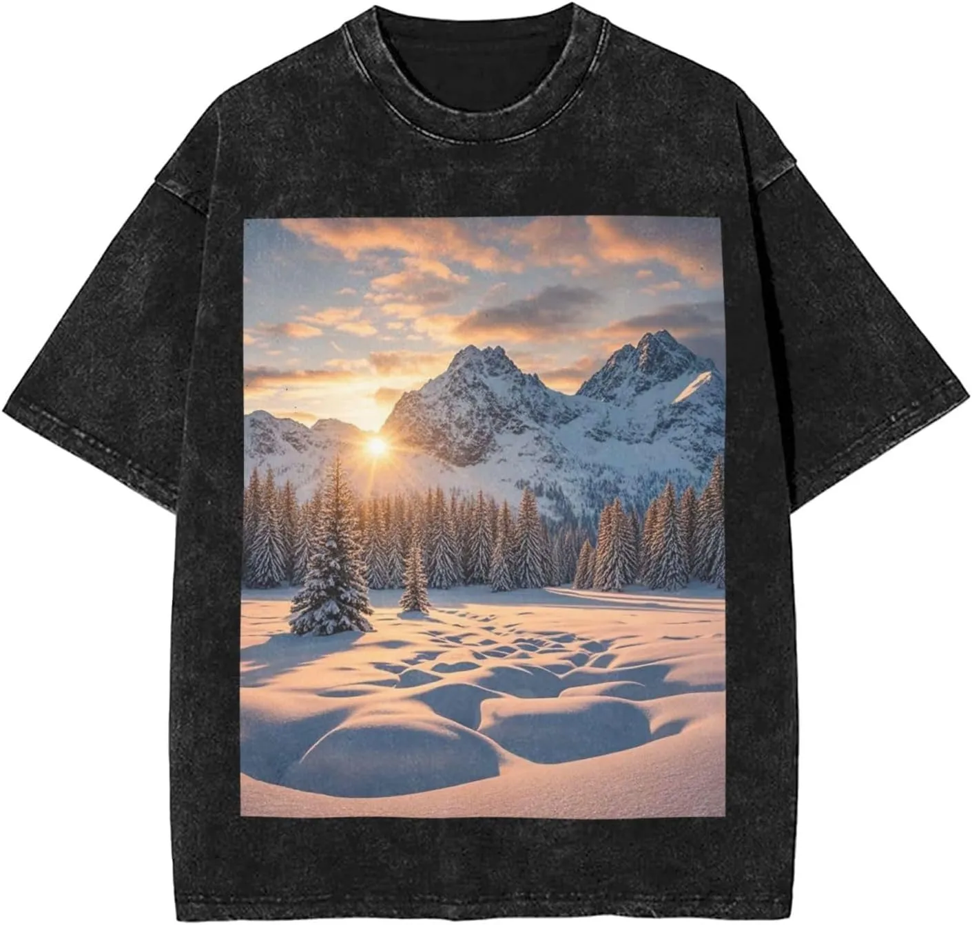 Men's Cotton T-Shirts Sunset Winter Mountains Short Sleeve Vintage T Shirts Casual Loose Fit Retro Tees Tops