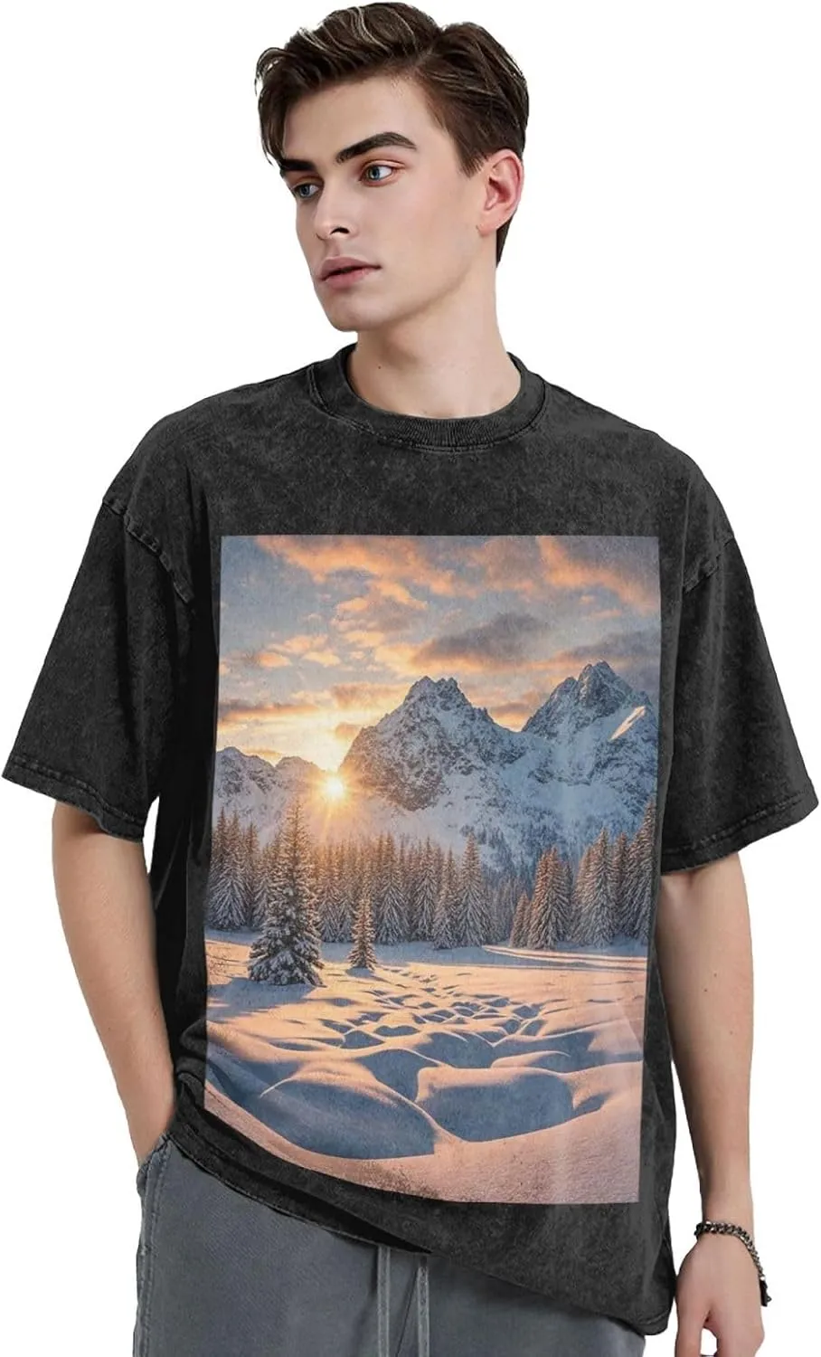 Men's Cotton T-Shirts Sunset Winter Mountains Short Sleeve Vintage T Shirts Casual Loose Fit Retro Tees Tops