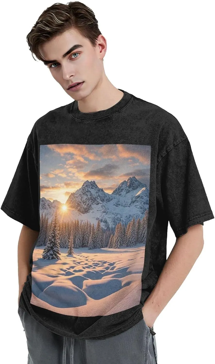 Men's Cotton T-Shirts Sunset Winter Mountains Short Sleeve Vintage T Shirts Casual Loose Fit Retro Tees Tops