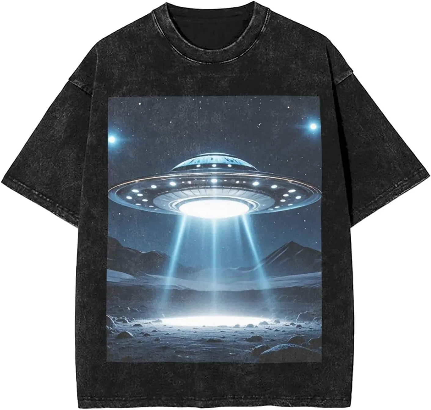 Men's Cotton T-Shirts UFO at Night Short Sleeve Vintage T Shirts Casual Loose Fit Retro Tees Tops