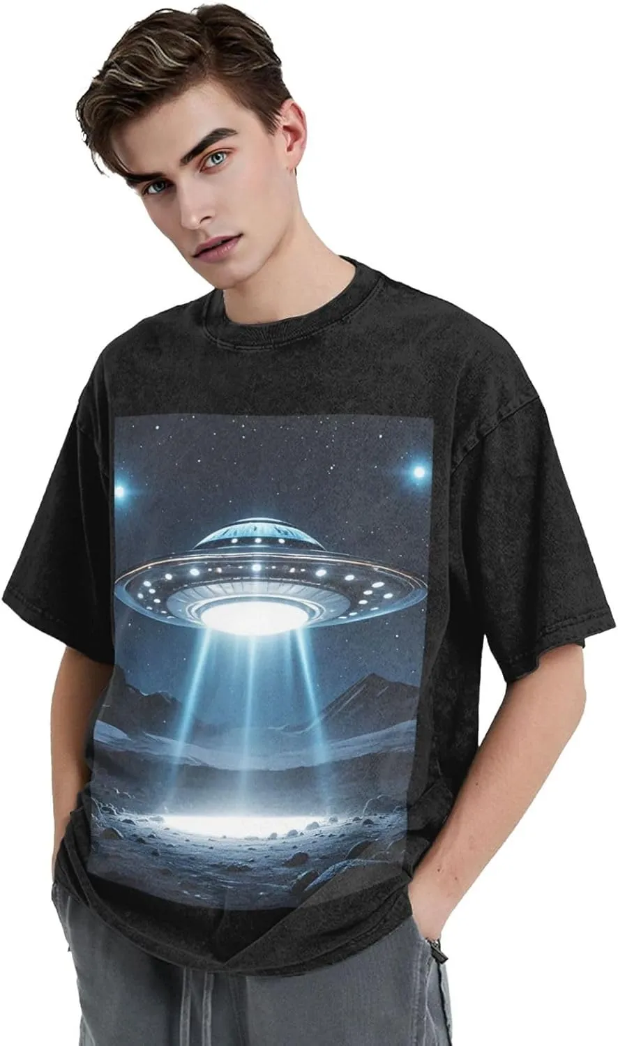 Men's Cotton T-Shirts UFO at Night Short Sleeve Vintage T Shirts Casual Loose Fit Retro Tees Tops