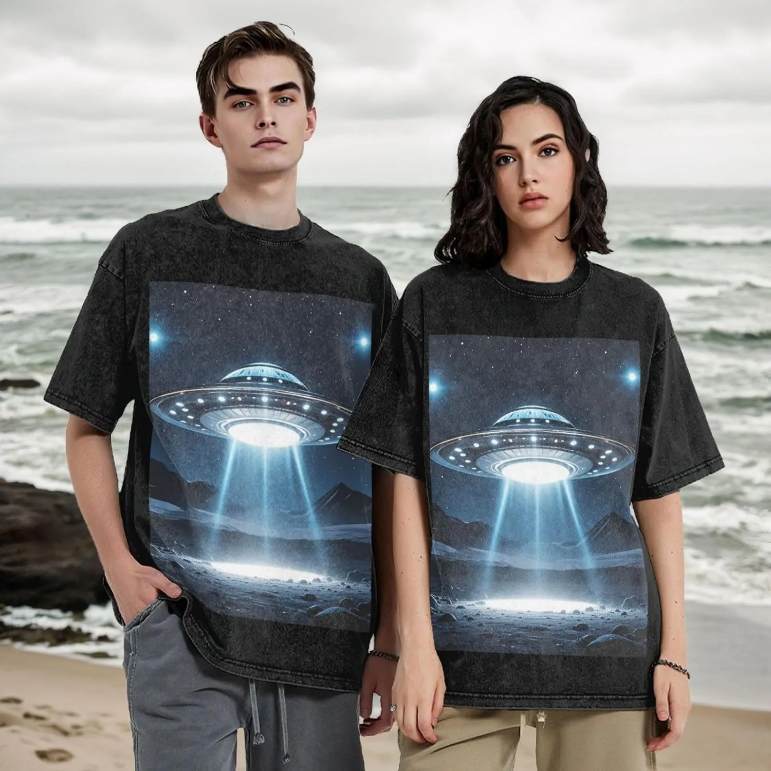 Men's Cotton T-Shirts UFO at Night Short Sleeve Vintage T Shirts Casual Loose Fit Retro Tees Tops