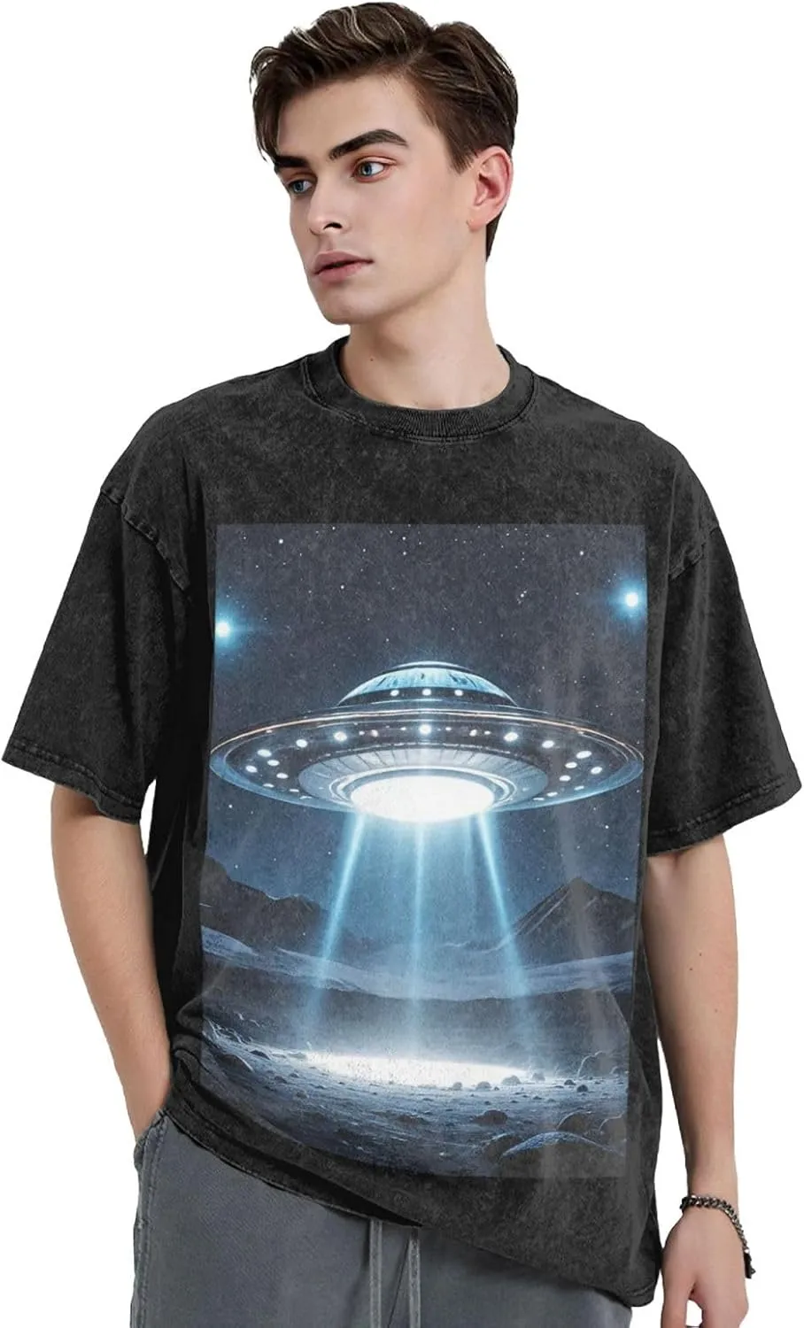 Men's Cotton T-Shirts UFO at Night Short Sleeve Vintage T Shirts Casual Loose Fit Retro Tees Tops