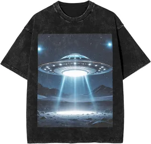 Men's Cotton T-Shirts UFO at Night Short Sleeve Vintage T Shirts Casual Loose Fit Retro Tees Tops