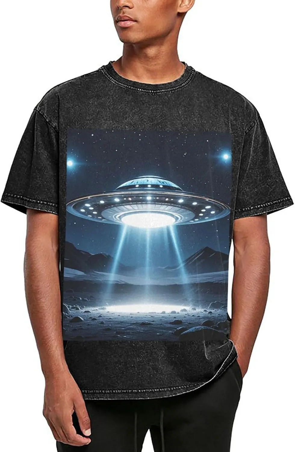 Men's Cotton T-Shirts UFO at Night Short Sleeve Vintage T Shirts Casual Loose Fit Retro Tees Tops