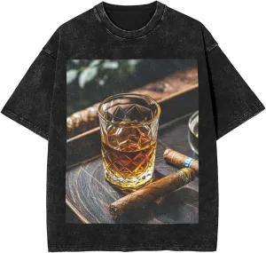 Men's Cotton T-Shirts Whisky and Cigar Short Sleeve Vintage T Shirts Casual Loose Fit Retro Tees Tops