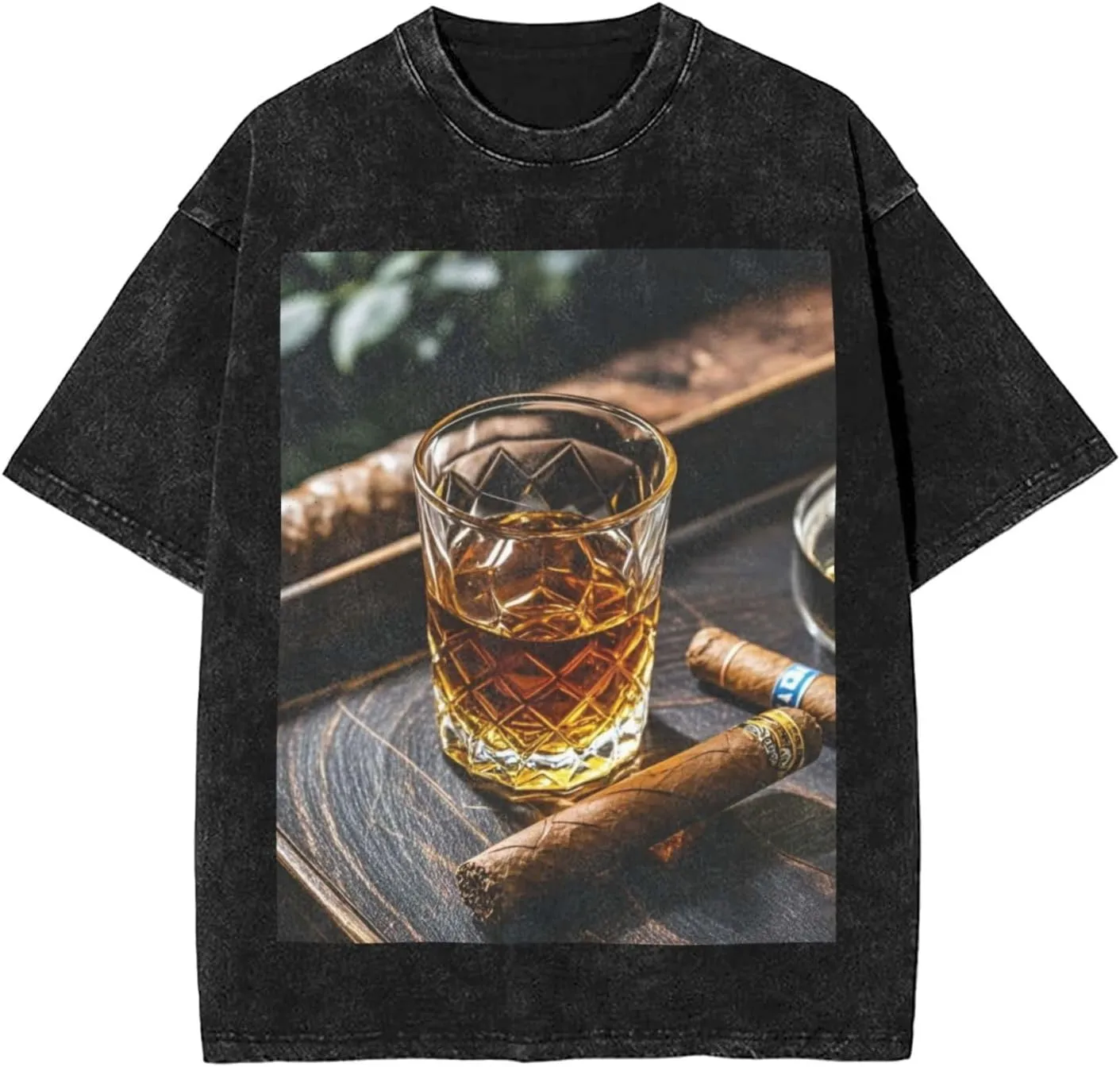 Men's Cotton T-Shirts Whisky and Cigar Short Sleeve Vintage T Shirts Casual Loose Fit Retro Tees Tops