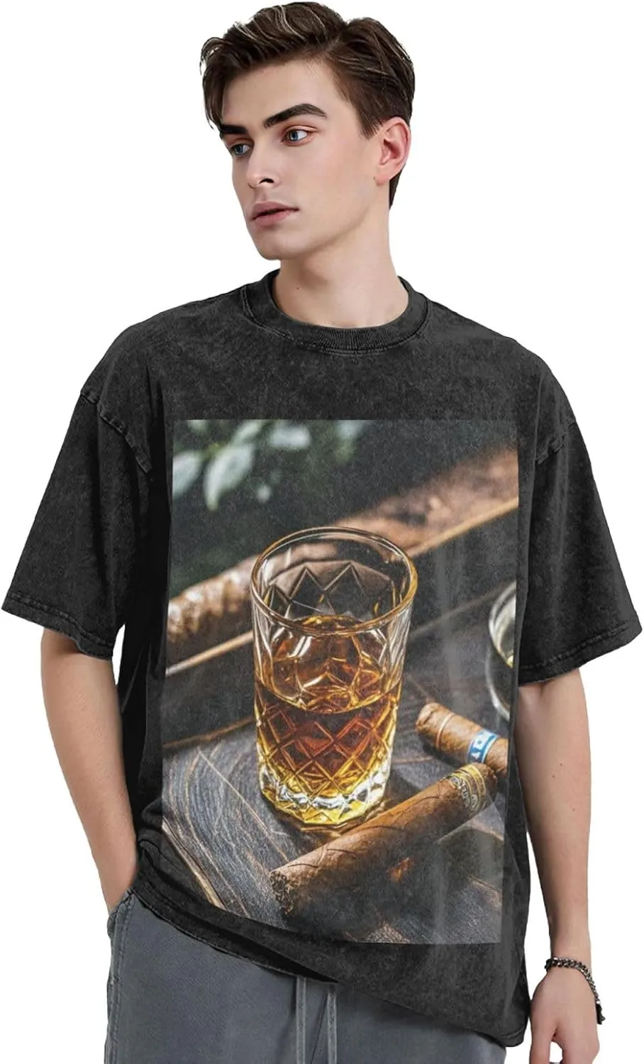 Men's Cotton T-Shirts Whisky and Cigar Short Sleeve Vintage T Shirts Casual Loose Fit Retro Tees Tops