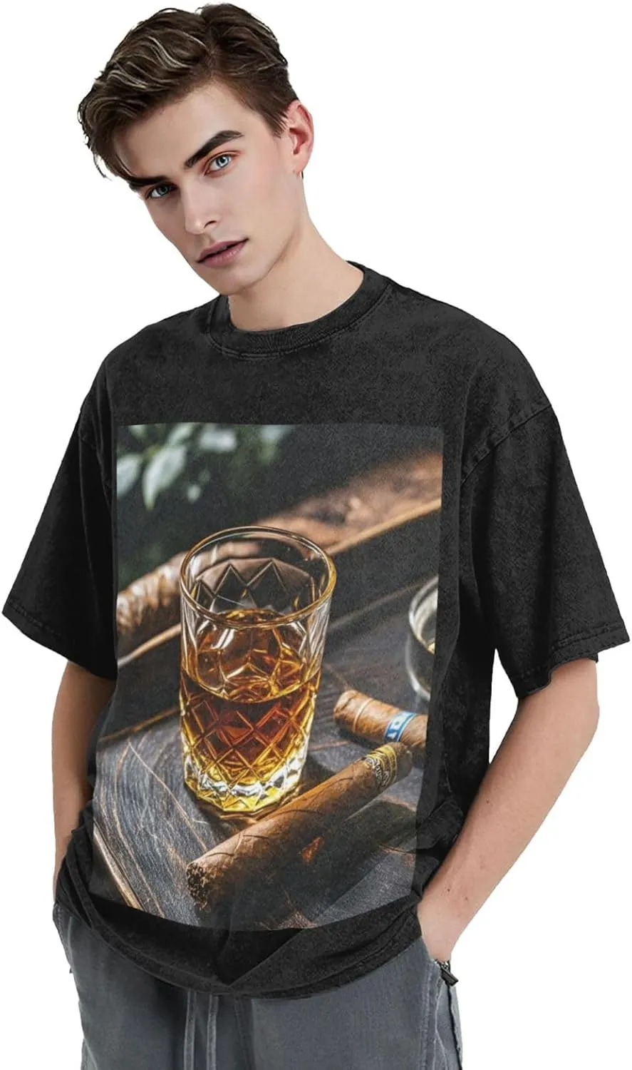 Men's Cotton T-Shirts Whisky and Cigar Short Sleeve Vintage T Shirts Casual Loose Fit Retro Tees Tops