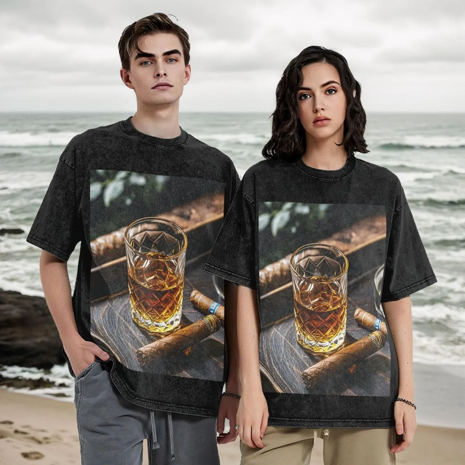 Men's Cotton T-Shirts Whisky and Cigar Short Sleeve Vintage T Shirts Casual Loose Fit Retro Tees Tops
